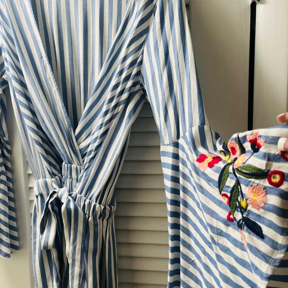 Blue and White Striped Wrap Dress with Floral Embroidery